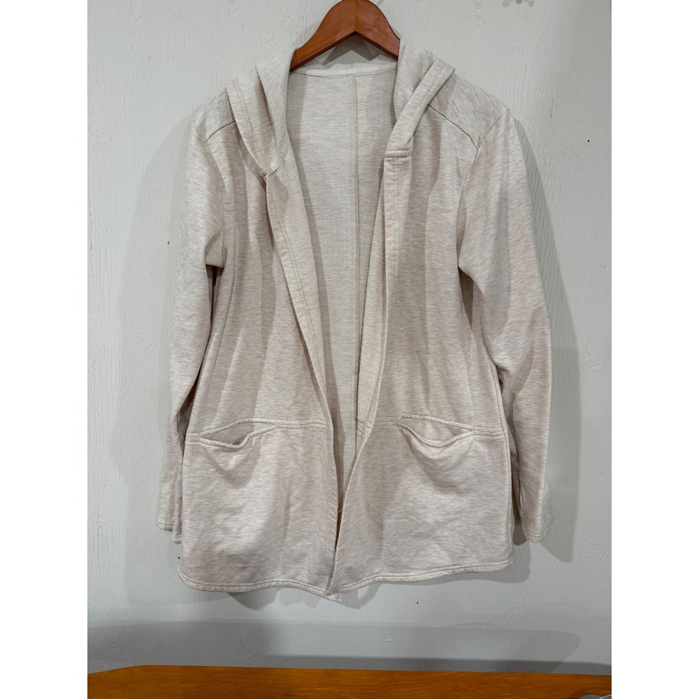 Unbranded Open Front Hooded Cardigan Oatmeal Beige Heathered Knit Pockets